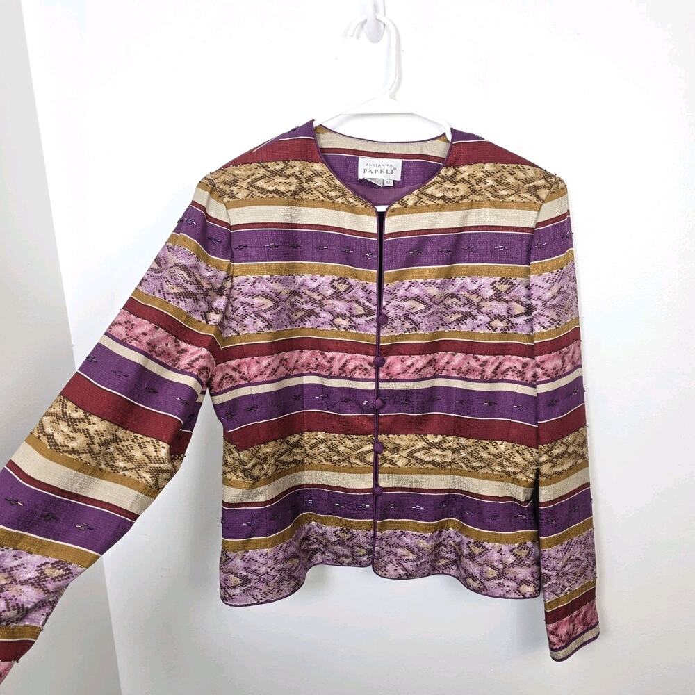 Vintage Adrianna Papell Purple Colorful Striped Silk Beaded Party Jacket Size 12